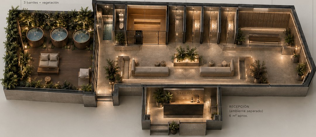 Plano isométrico de SHIRO: patio con tres barriles, sauna, cabinas privadas, lockers, salón y recepción